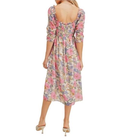 Bohme Lush Midi Dress L‎ Vintage Floral Print Empire Waist Milkmaid Cottagecore - Picture 2 of 10